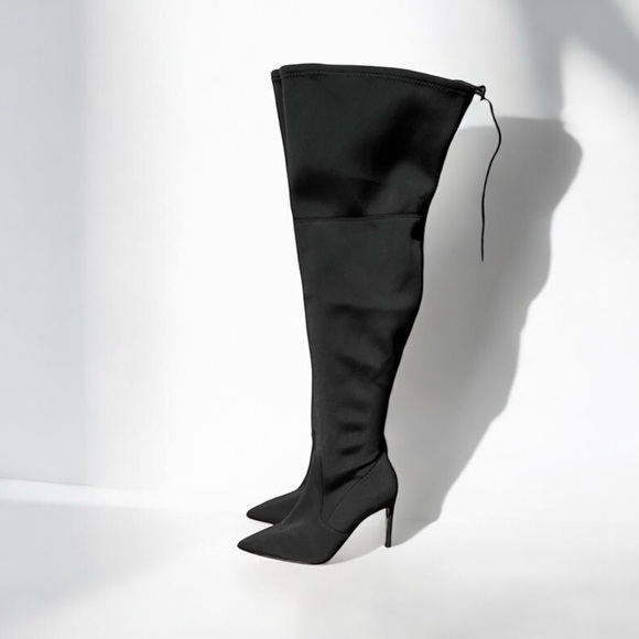 🌻NEW Good American Black Over the Knee High Lace-up Detail Heeled Boots Size 5 - Picture 1 of 9